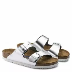 Birkenstock Women's Arizona Softbed Leather In Metallic Silver (Narrow Width) -Outdoor Shoes Shop 1 0 1005961 pair 1100x